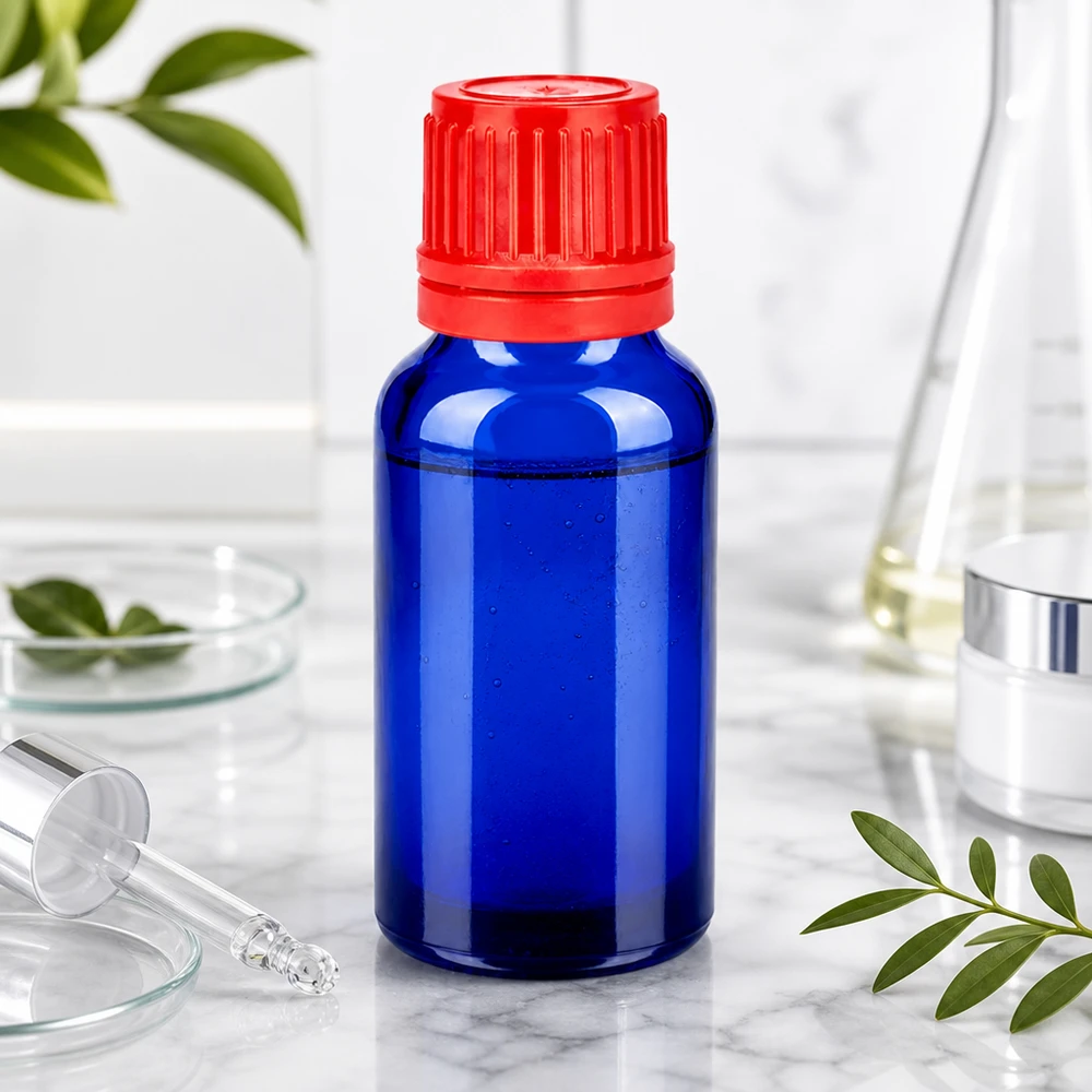 Kompaktowa butelka laboratoryjna 20 ml w kolorze kobaltowo-niebieskim z czerwoną zakrętką zabezpieczającą przed dziećmi