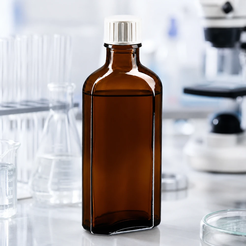 100 ml Brązowa zakrętka Meplat z pierścieniem do nalewania Brązowa szklana butelka typu Meplat o pojemności 100 ml z białym zakrętkiem i pierścieniem do nalewania w laboratorium