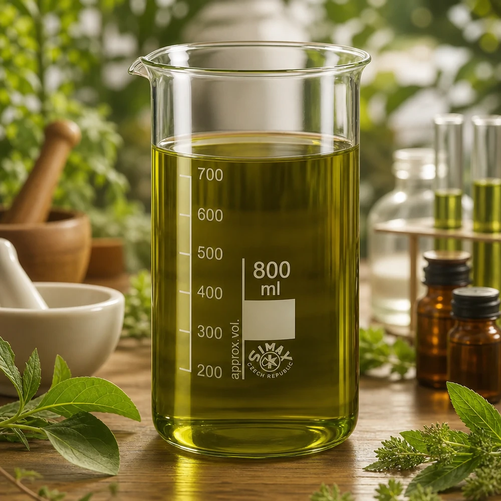 Zlewka 800 ml ze szkła borokrzemowego, wysoka Szklana zlewka o pojemności 800 ml, o wysokim kształcie, z zielonym ekstraktem ziołowym, stojąca na drewnianym stole w otoczeniu świeżych ziół leczniczych