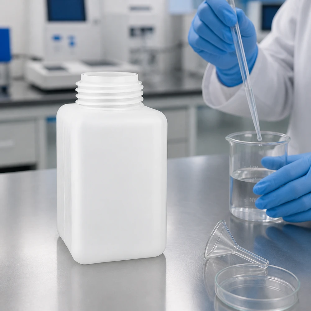 Butelka na chemikalia z PE-HD o pojemności 1000 ml, z szeroką szyjką, w kolorze naturalnym, obok zlewki i pipety w laboratorium