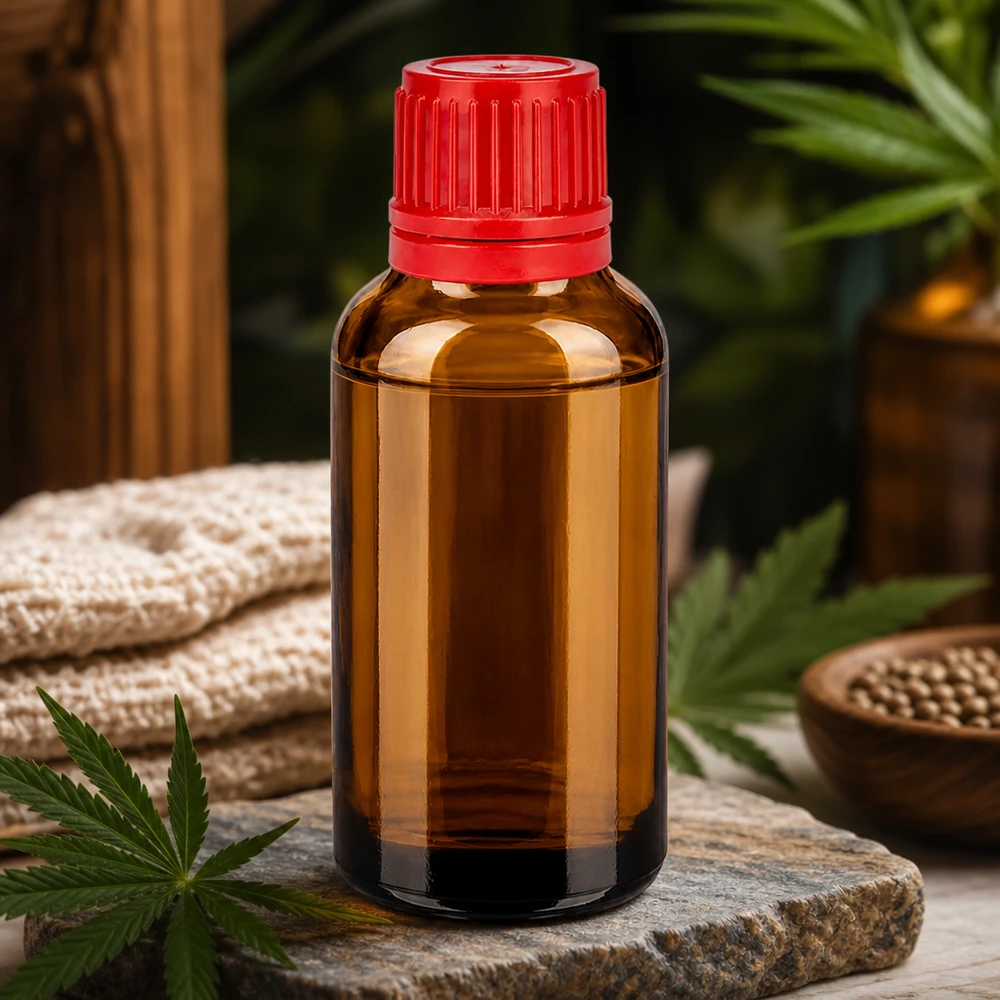 Butelka aptekarska o pojemności 30 ml wykonana z brązowego szkła z czerwoną zakrętką do precyzyjnego dozowania esencji