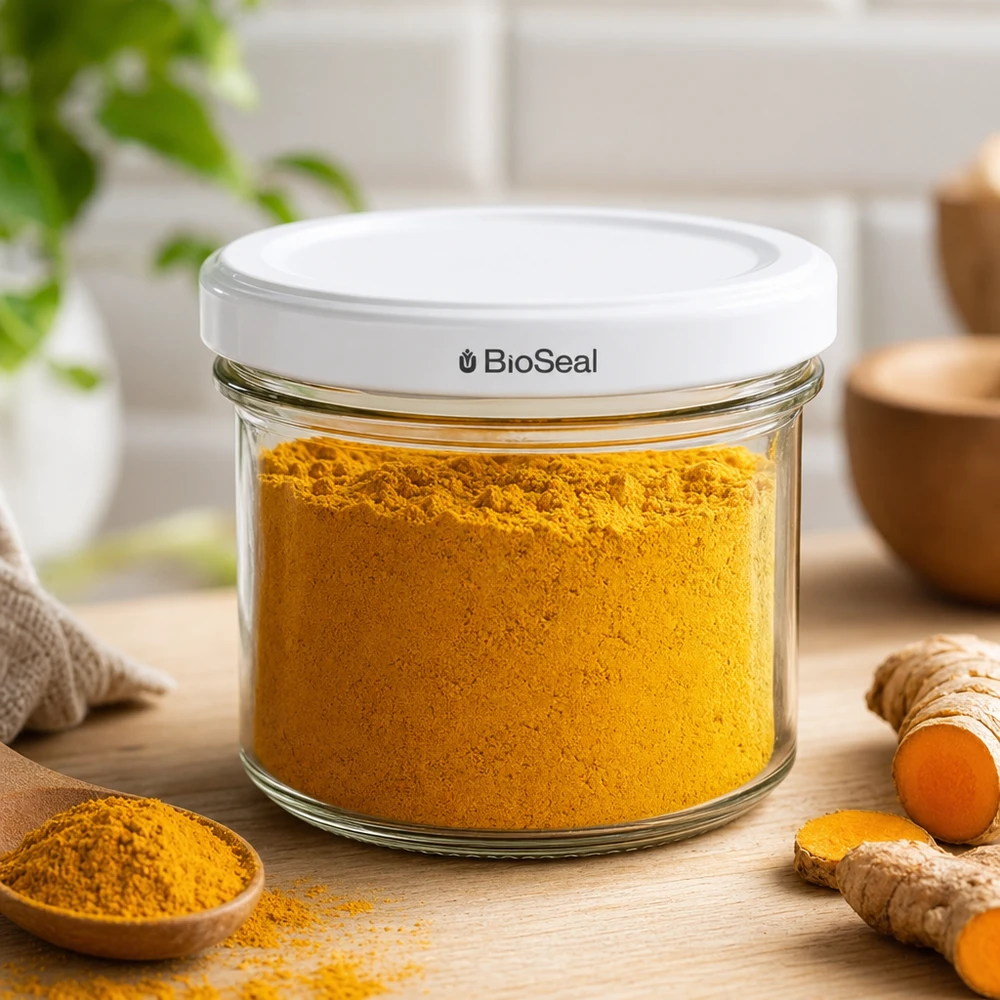 UNiTWIST Lintel125 z białą pokrywą TO66 BioSeal UNiTWIST kubki 125ml do przechowywania przypraw kurkuma w proszku scena kuchenna TO66 BioSeal pokrywka białe szkło