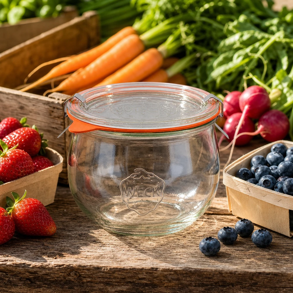 Słoik tulipan 580ml kompletny WECK RR100 Słoik WECK tulipan 580ml RR100 otoczony świeżymi owocami i warzywami na drewnianym stole, idealny do naturalnej konserwacji.