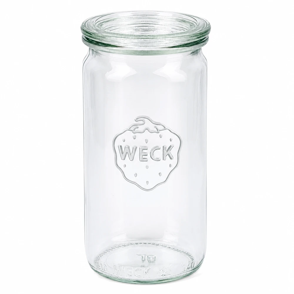 Słoik cylindryczny 340 ml ze szklaną pokrywką WECK RR60 WECK słoik 340ml ze szklaną pokrywką RR60 słoik na przetwory przezroczysty pusty na białym tle