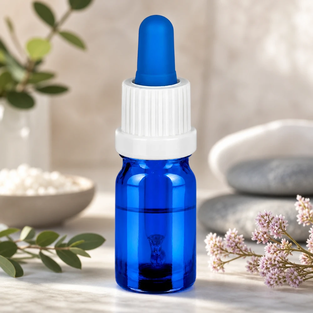 Profesjonalna butelka z zakraplaczem o pojemności 5 ml z niebieskim szkłem i białą nasadką do olejków aromaterapeutycznych