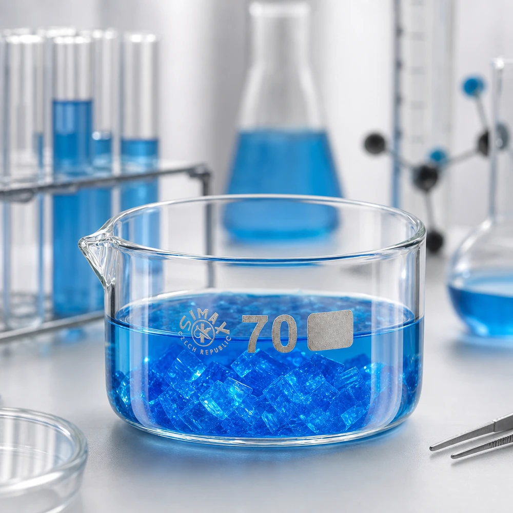 Miska do krystalizacji Simax o pojemności 100 ml z niebieskim płynem i kryształkami na blacie laboratoryjnym