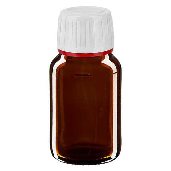 Butelka 30 ml brązowa, zakrętka biała z czerwonym pierścieniem ApoGlas umożliwiającym manipulację. Farmaceutyczna jakość produkcji UE. Gwint 28 mm (PP28). (syrop, butelka z lekkiego szkła) Butelka 30 ml brązowa, zakrętka biała z czerwonym pierścieniem ApoGlas umożliwiającym manipulację. Farmaceutyczna jakość produkcji UE. Gwint 28 mm (PP28). (syrop, butelka z lekkiego szkła)