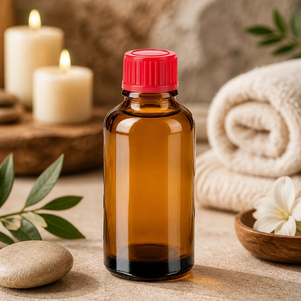 Mała szklana butelka o pojemności 30 ml w ciepłym bursztynowym kolorze, idealna do kosmetyków i produktów pielęgnacyjnych.