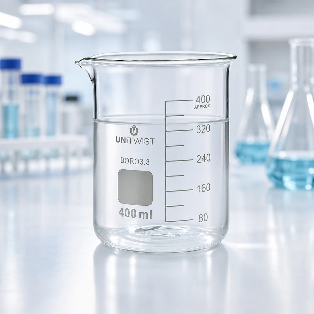 Zlewka 400ml borokrzemianowa, niski kształt UNiTWIST Szklanka UNiTWIST o pojemności 400 ml, wykonana ze szkła borokrzemowego klasy 3.3, z dziobkiem oraz białymi akcesoriami laboratoryjnymi w tle
