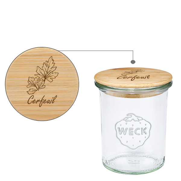 Drewniana pokrywka „Cerfeuil” z szklanym wkładem WECK 160 ml Drewniana pokrywka „Cerfeuil” z szklanym wkładem WECK 160 ml