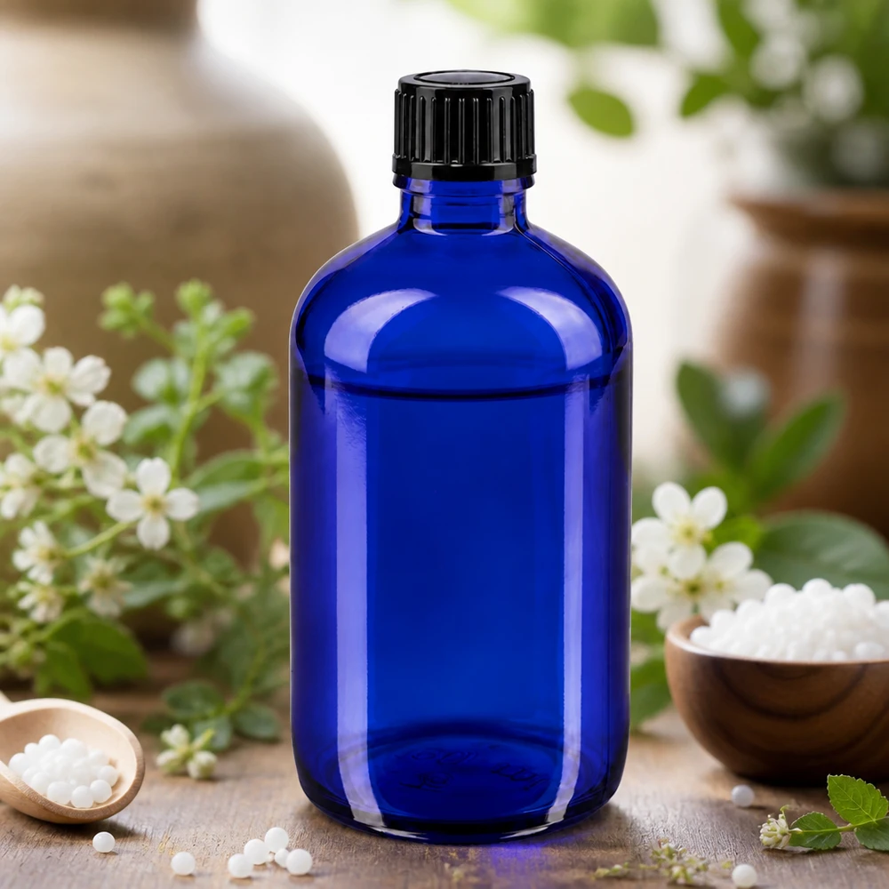 Butelka apteczna niebieska 100ml kroplówka v. 1mm czarny szt Szklana butelka o pojemności 100 ml w kolorze kobaltowym z kroplomierzem o średnicy 1 mm na tle ziół oraz granulki homeopatyczne