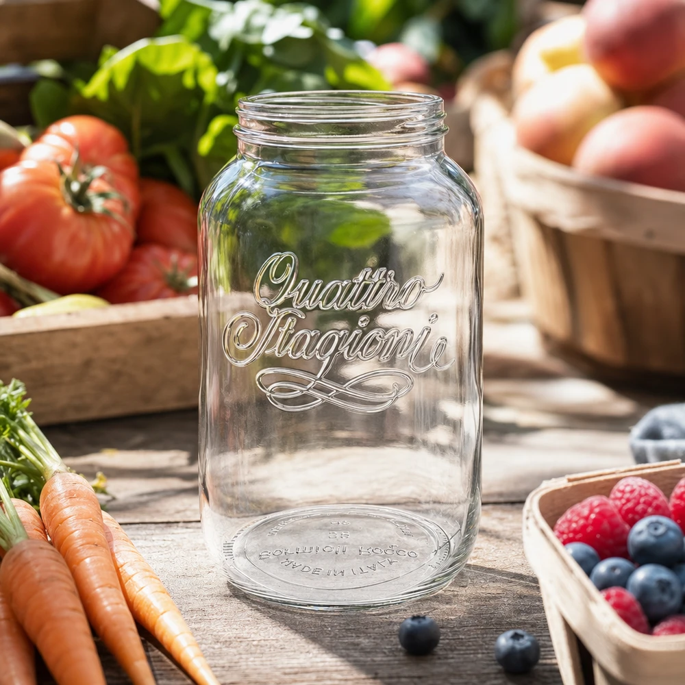 3800ml Quattro Stagioni słoik do przetworów domowych przezroczysty z napisem otoczonym świeżymi owocami i warzywami