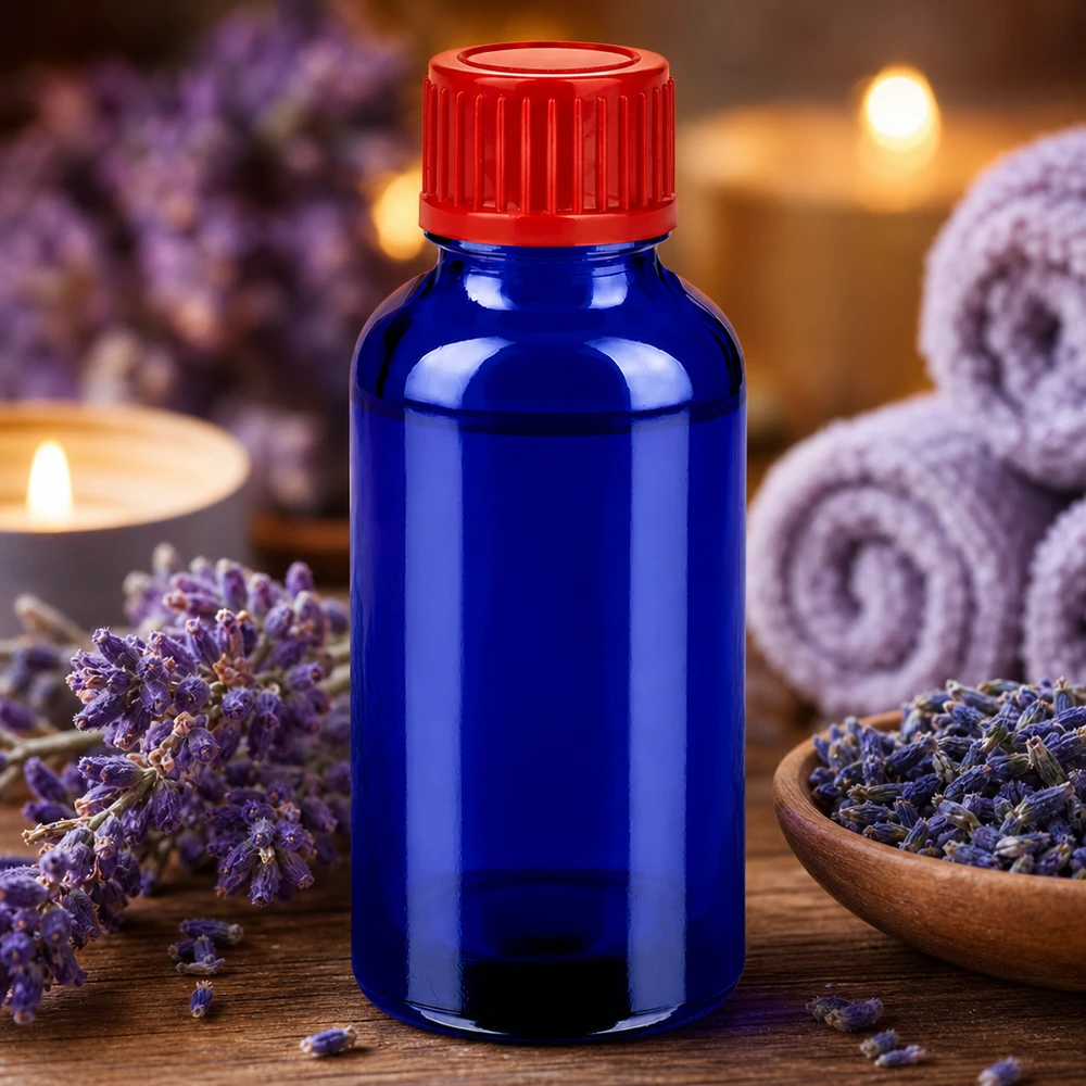 Butelka 30 ml 11 mm SV czerwona STD BlueLine UT18/30 Wysokiej jakości szklana butelka BlueLine o pojemności 30 ml z czerwoną nakrętką do aromaterapii i odnowy biologicznej