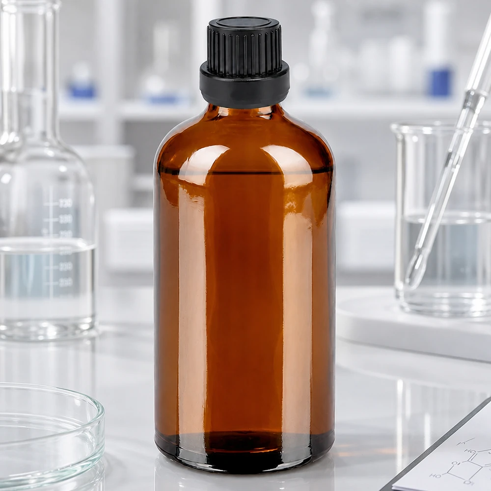 100 ml butelka z zakraplaczem 2 mm czarna OV BrownLine UT18/100 Laboratoryjna szklana butelka 100 ml w kolorze brązowym z 2 mm otworem na kroplomierz do precyzyjnego dozowania aktywnych składników farmaceutycznych