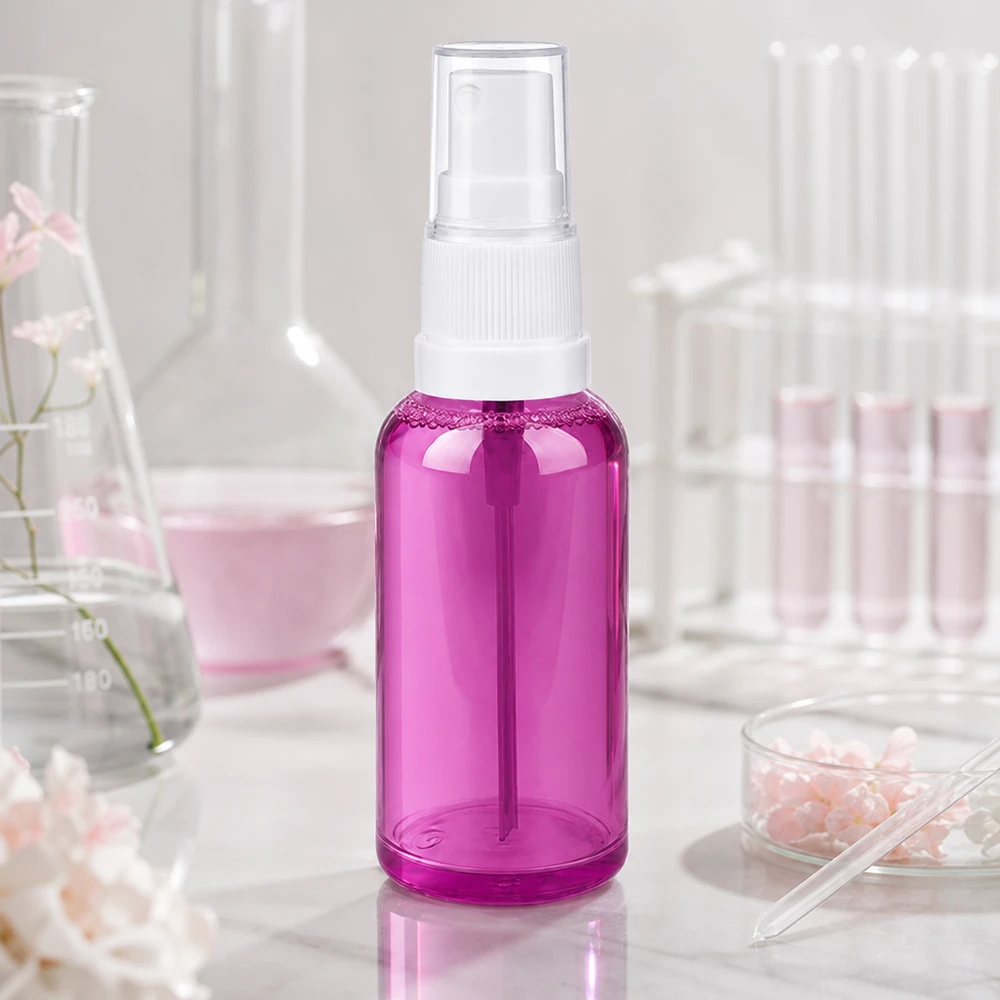 Butelka z rozpylaczem 50 ml biała/przezroczysta Standard PurpleLine UT18/50 Mała plastikowa butelka z rozpylaczem o pojemności 50 ml w kolorze przezroczystego fioletu z praktyczną nasadką rozpylającą