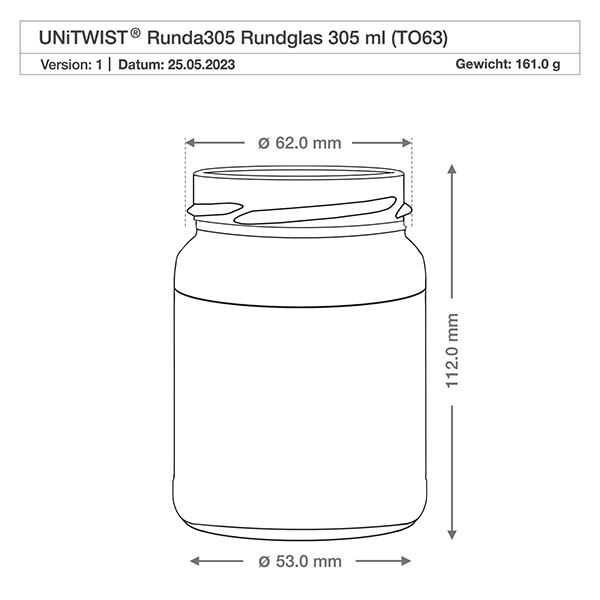 UNiTWIST Runda305 - Okrągła szklanka o pojemności 305ml TO63 UNiTWIST Runda305 Szklanka okrągła 305ml TO63 z rysunkiem technicznym Wymiary Średnica 62mm Wysokość 112mm Waga 161g