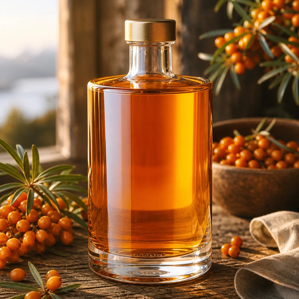 Butelka szklana 375 ml Sam + zakrętka złota UNiTWIST® 375ml Glasflasche Sam mit goldenem Verschluss neben Sanddornbeeren dekorative Lifestyle Aufnahme Spirituosen Öle
