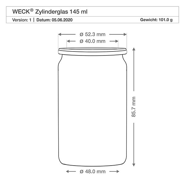 Słoik cylindryczny 145ml WECK RR40 z korkiem naturalny WECK słoik cylindryczny 145ml rysunek techniczny o wymiarach średnica 48mm wysokość 85,7mm waga 101g specyfikacja RR40