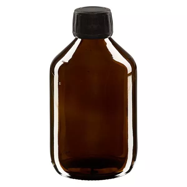 Butelka na lek 300 ml brązowa, zakrętka czarna z pierścieniem ApoGlas. Farmaceutyczna jakość produkcji UE. Gwint 28 mm (PP28). (syrop, butelka z lekkiego szkła) Butelka na lek 300 ml brązowa, zakrętka czarna z pierścieniem ApoGlas. Farmaceutyczna jakość produkcji UE. Gwint 28 mm (PP28). (syrop, butelka z lekkiego szkła)