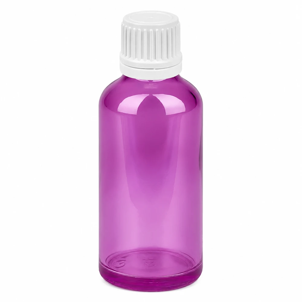 Butelka 50ml 11mm zakrętka biała Oryginalna zakrętka PurpleLine UT18/50 Fioletowa szklana butelka 50 ml z białą zakrętką na olejki eteryczne i kosmetyki