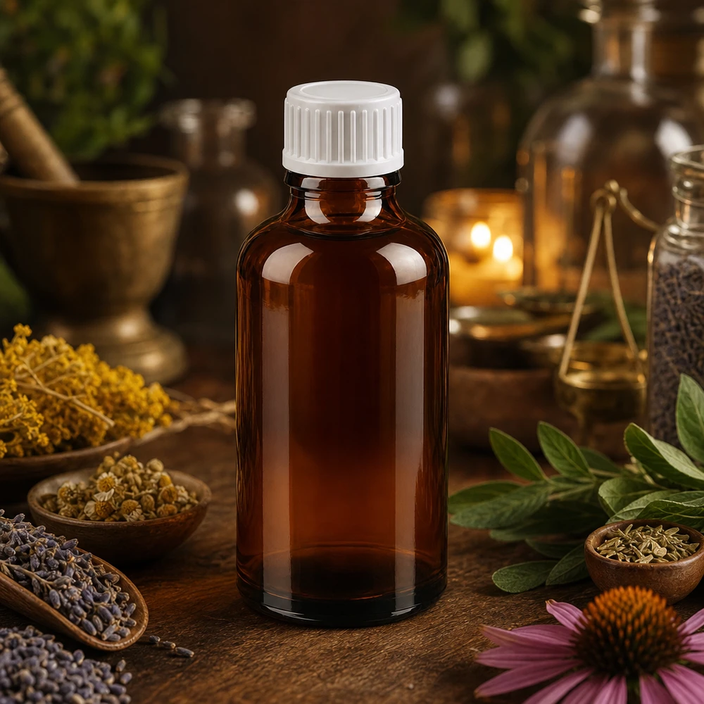 Butelka z kroplomierzem 50 ml 0,9 mm biały STD BrownLine UT18/50 Kompaktowa szklana butelka o pojemności 50 ml z zakraplaczem do leków homeopatycznych i nalewek
