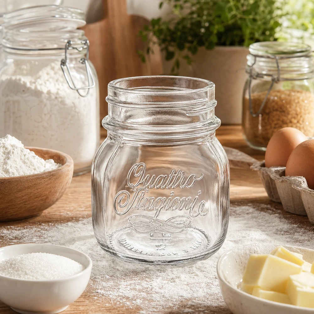 150ml Quattro Stagioni słoik na przetwory na drewnianym stole z dodatkami do pieczenia mąka jajka masło akcesoria kuchenne