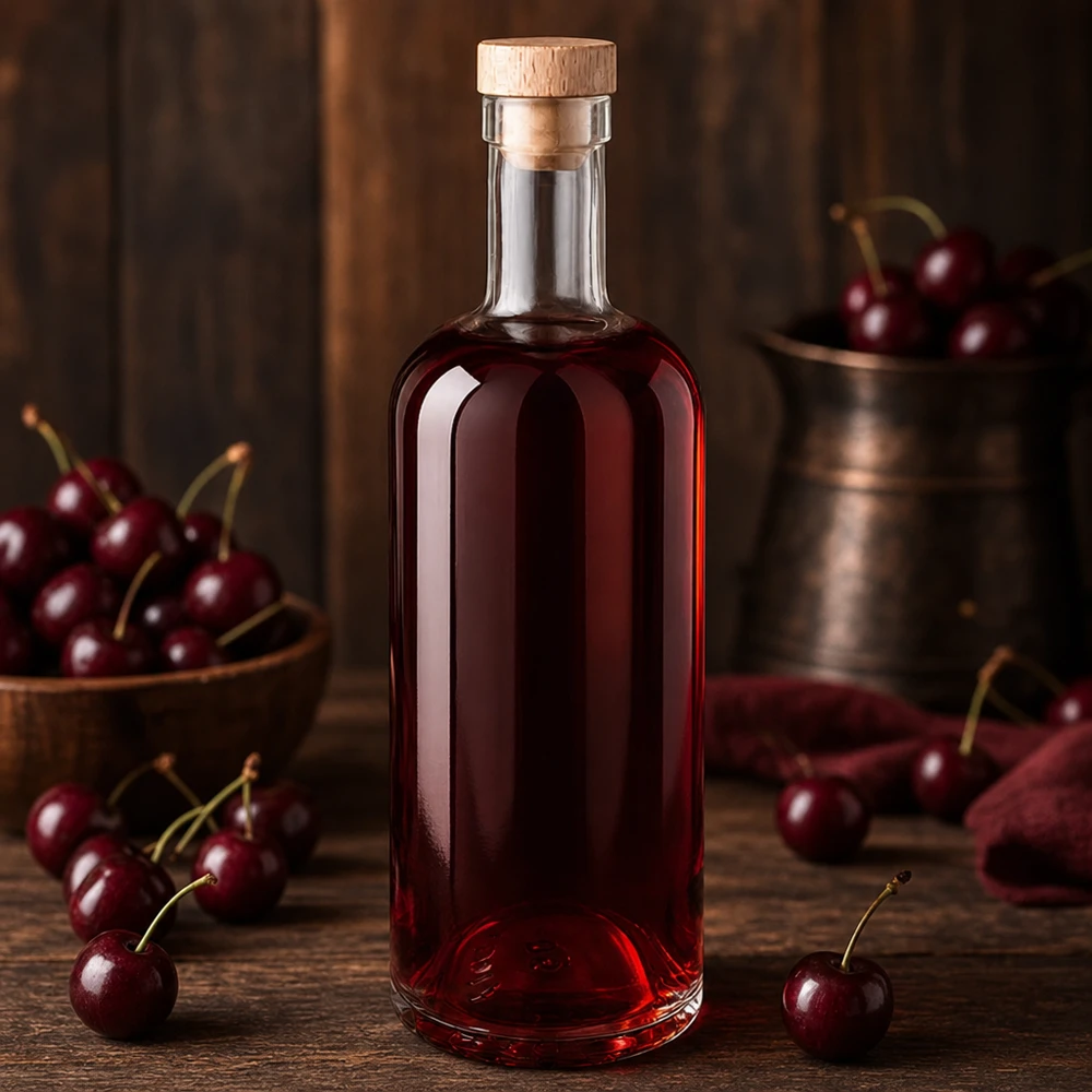Butelka szklana 750 ml Emma z drewnianym korkiem UNiTWIST® 750 ml szklana butelka Emma z drewnianym korkiem wypełniona czerwonym wiśniowym płynem otoczonym świeżymi wiśniami na drewnianym stole