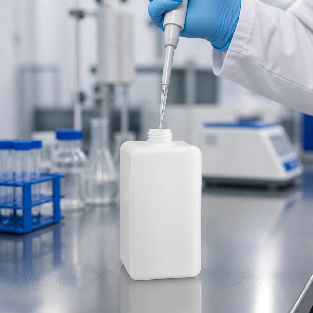 Laborant pipetuje próbkę do butelki z wąską szyjką z polietylenu wysokogęstościowego (PE-HD) o pojemności 1500 ml i średnicy szyjki GL 32 w laboratorium czystym