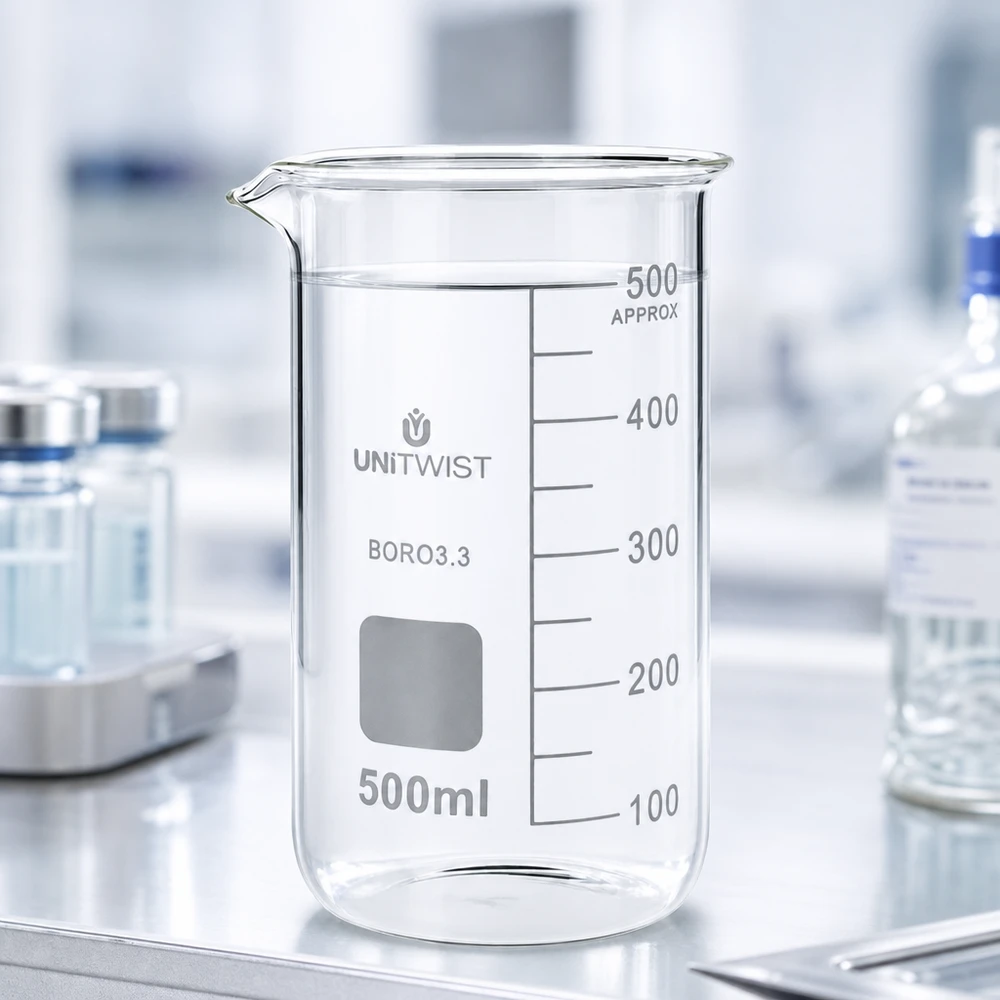 Zlewka 500ml borokrzemianowa, wysoka UNITWIST Pusta, przezroczysta zlewka o pojemności 500 ml, wysoka, wykonana ze szkła borokrzemowego 3.3, na blacie laboratoryjnym