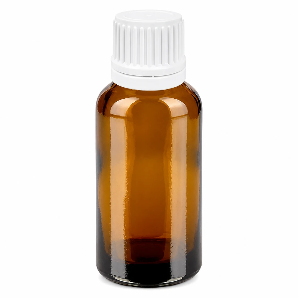 30 ml butelka z kroplomierzem 0,7 mm biała OV BrownLine UT18/30 30 ml butelka z kroplomierzem z bursztynowego szkła z białą zakrętką i otworem 0,7 mm do precyzyjnego dozowania