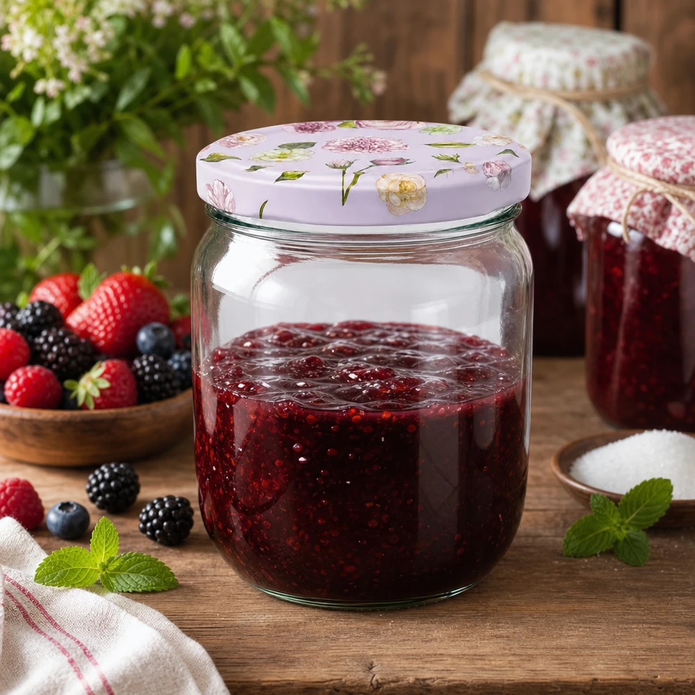 425 ml okrągłe szkło + BasicSeal pokrywka kwiat różowa UN..