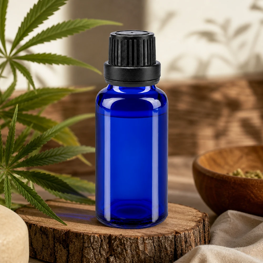 Mała niebieska szklana buteleczka z zakraplaczem na drewnianej podstawce obok rośliny konopi – produkt naturalny