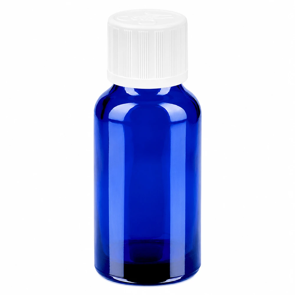 Butelka 20 ml 11 mm SV biała STD KiSi BlueLine UT18/20 Niebieska szklana butelka 20 ml z białą zakrętką na olejki eteryczne i kosmetyki