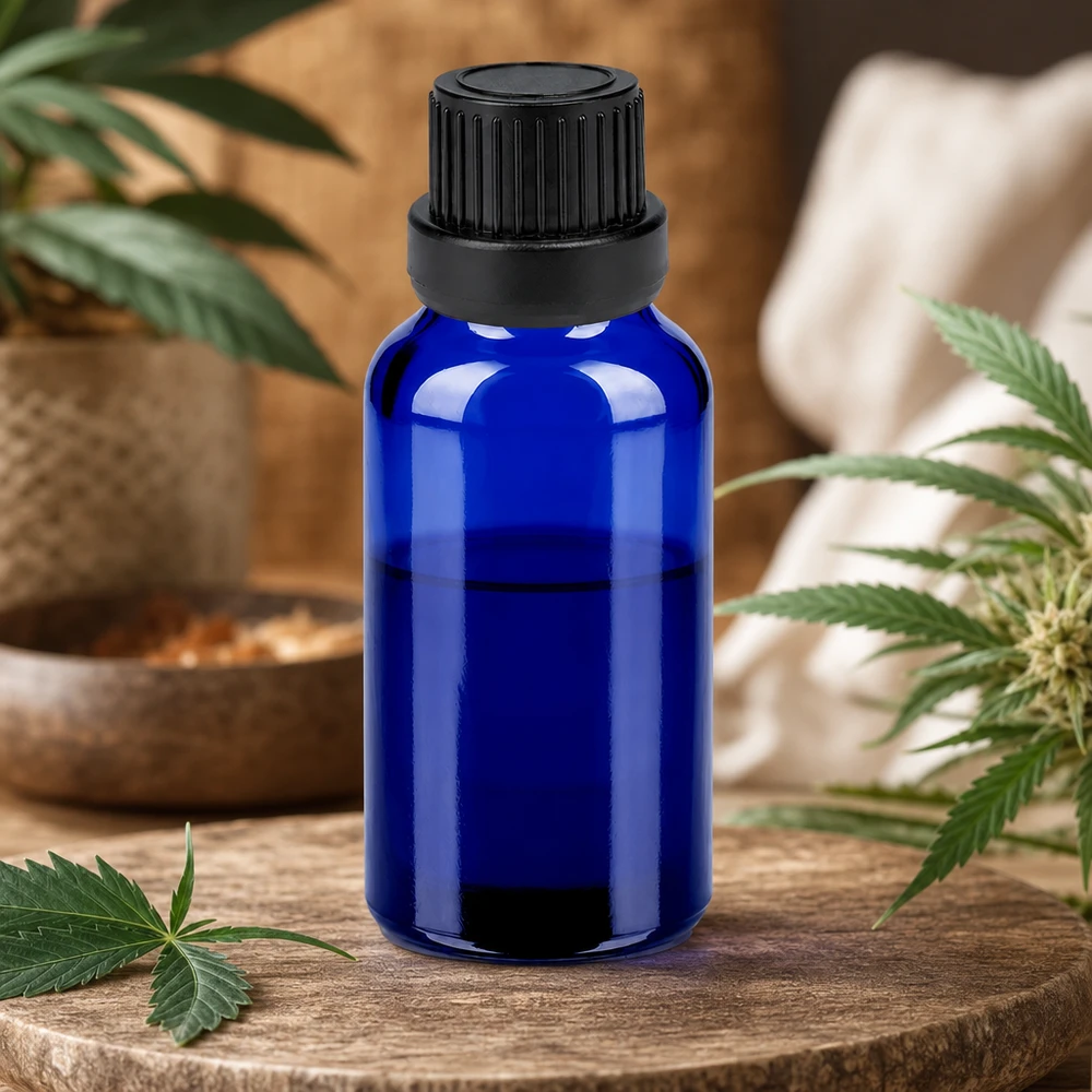 Butelka 20 ml 11 mm SV czarna OV BlueLine UT18/20 Kompaktowa butelka 20 ml wykonana z niebieskiego szkła z czarną pokrywką, idealna do kosmetyków DIY