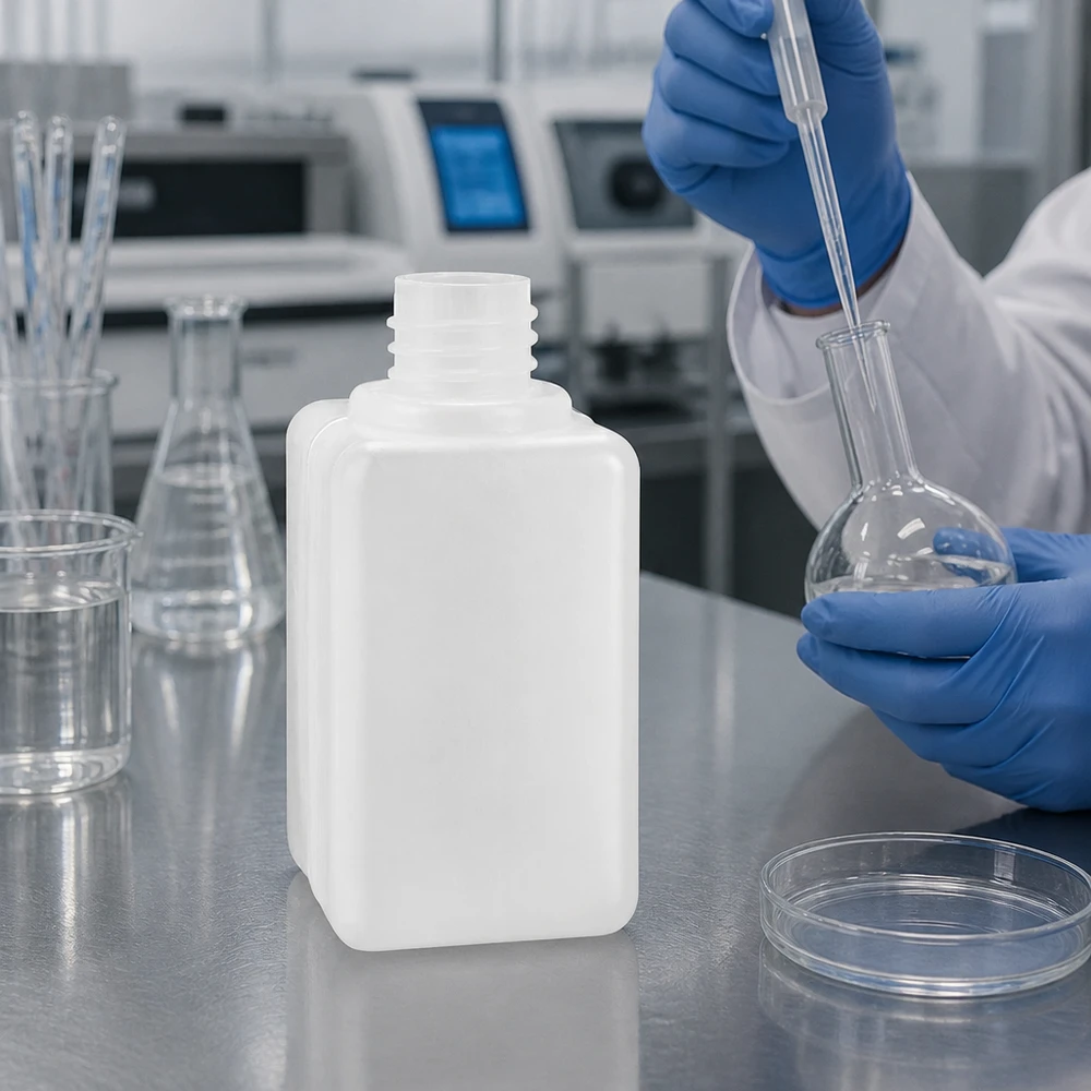 Butelka na chemikalia 50ml, wąska szyjka wykonana z PE-HD, kolor naturalny, GL 18 Prostokątna butelka na chemikalia z PE-HD o pojemności 50 ml i średnicy 18 mm obok kolb Erlenmeyera i zlewek w laboratorium