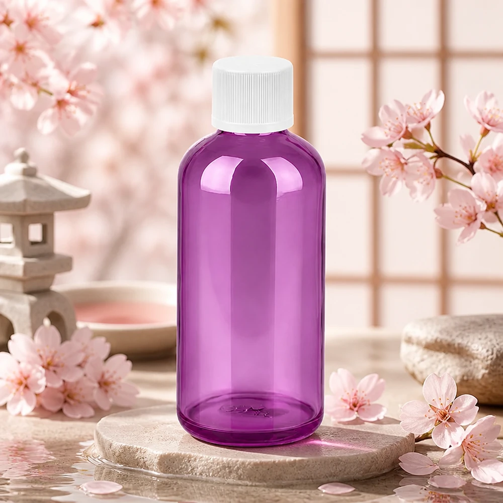 Butelka 100ml 11mm z białą zakrętką PurpleLine z zabezpieczeniem przed dziećmi. UT18/100 Wysokiej jakości butelka PET 100 ml w kolorze fioletowym z wytrzymałą białą plastikową nakrętką