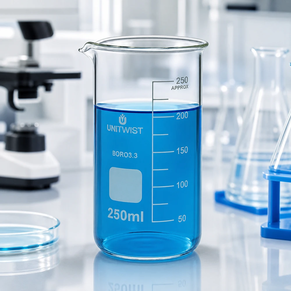 Zlewka 250 ml borokrzemianowa, wysoka UNITWIST Naczynie laboratoryjne UNITWIST – zlewka o pojemności 250 ml, wysoka, z niebieską cieczą w laboratorium