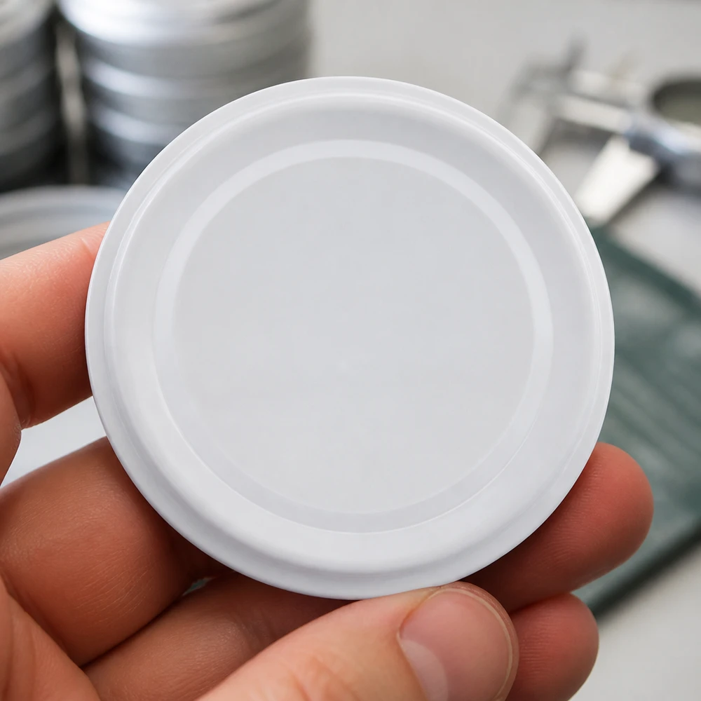 Widok z góry 58 mm BasicSeal z białą pokrywką TO58deep UNiTWIST, okrągły kształt z koncentrycznymi pierścieniami