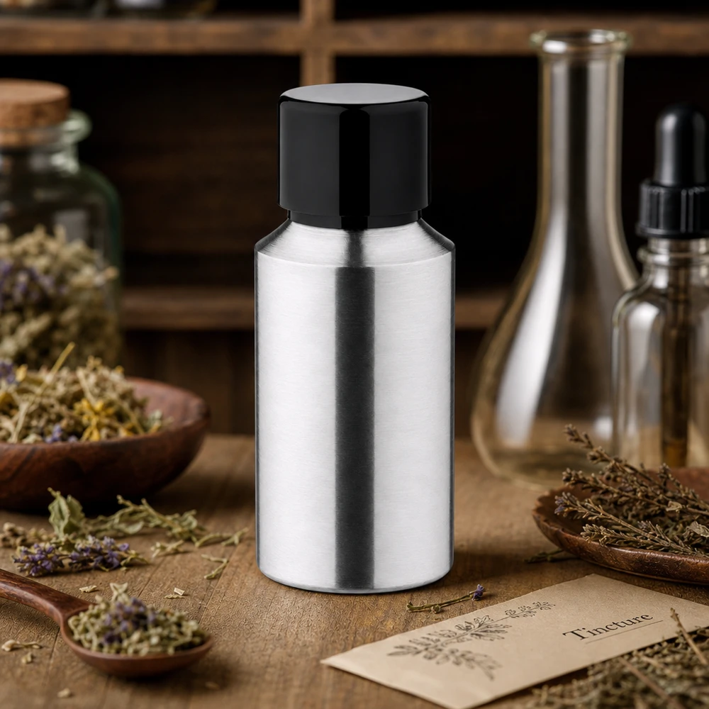 Butelka z polerowanego aluminium o pojemności 30 ml z zakrętką Butelka z polerowanego aluminium o pojemności 30 ml z czarną zakrętką, idealna do esencji ziołowych i nalewek.