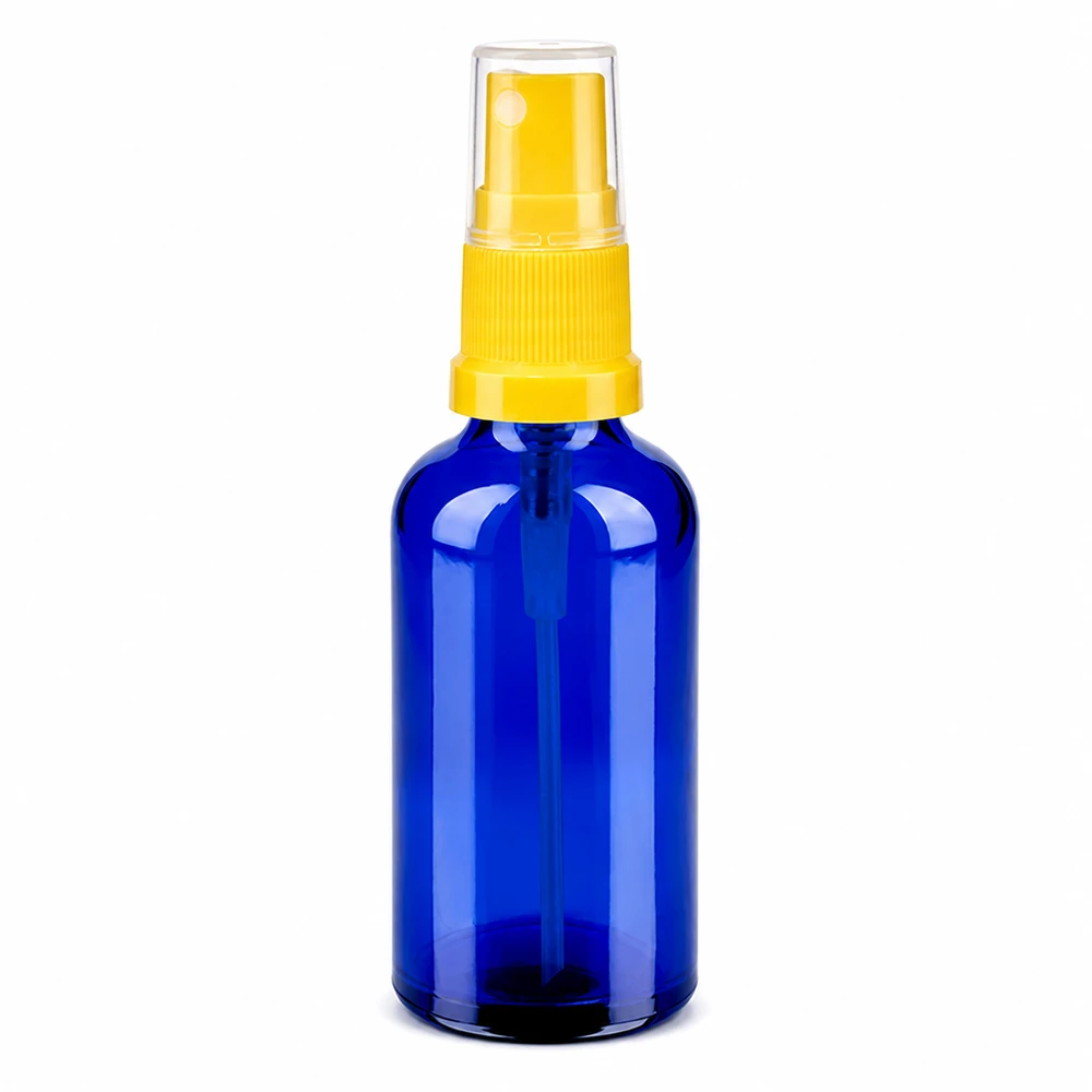 50 ml butelka ze spryskiwaczem żółta/przezroczysta STD BlueLine UT18/50 Butelka z rozpylaczem 50 ml niebieska z żółtą szklaną głowicą do kosmetyków i olejków eterycznych