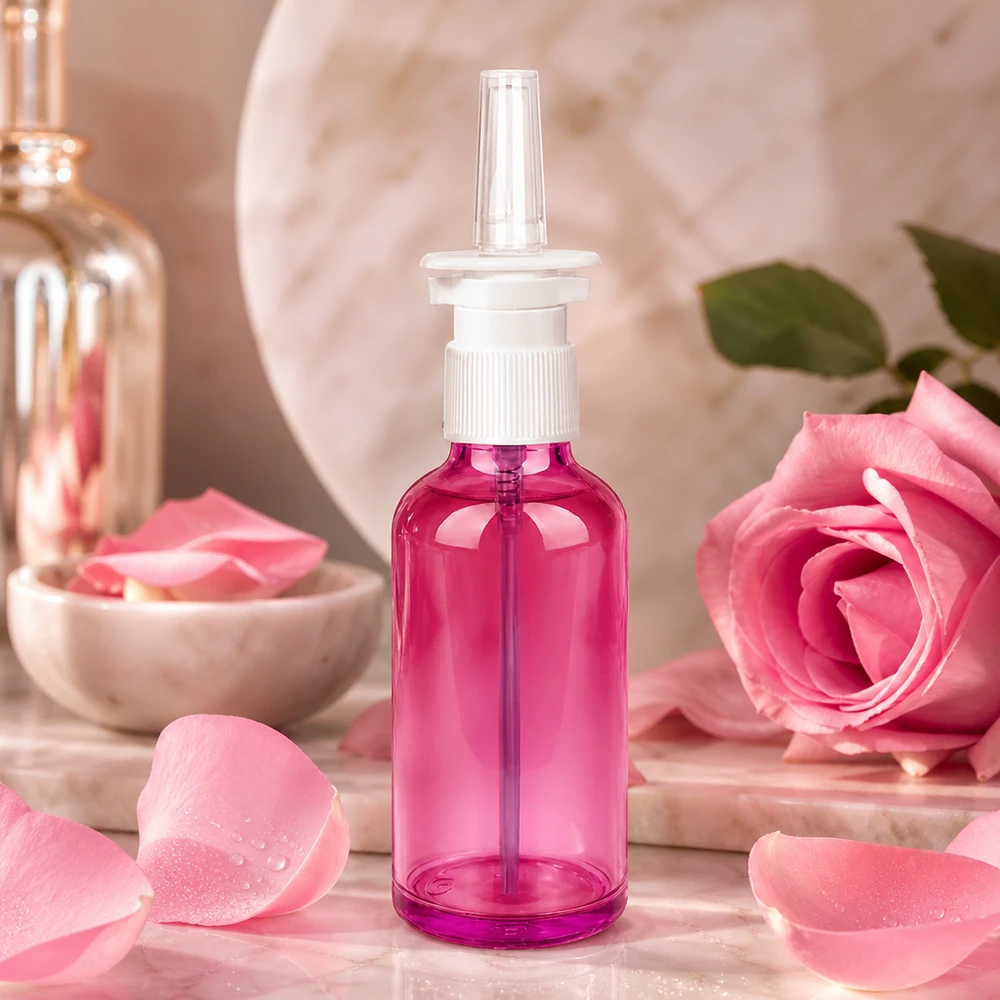 Kompaktowa plastikowa butelka z aerozolem do nosa o pojemności 50 ml w eleganckim fioletowym kolorze zapewnia precyzyjne dozowanie.