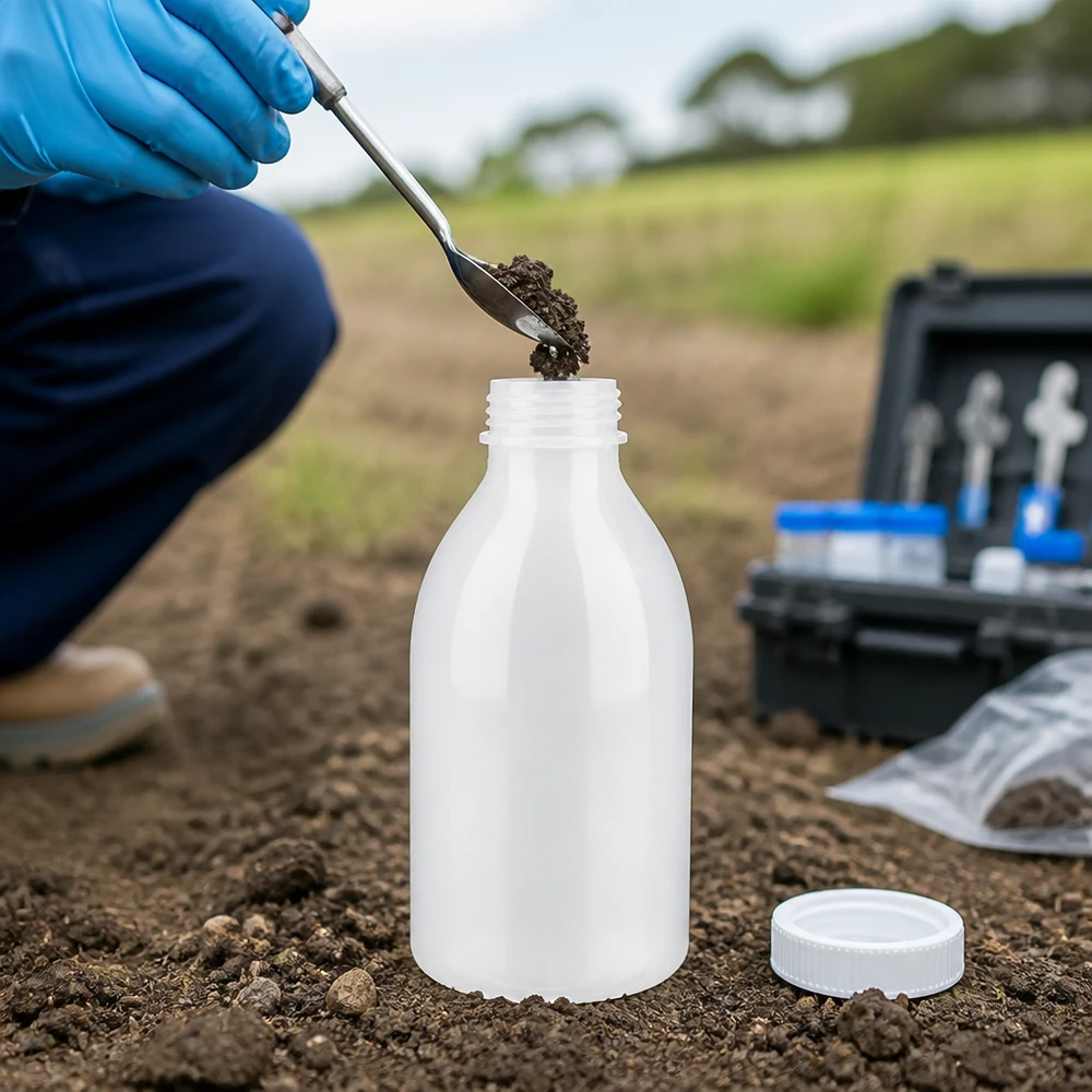Butelka laboratoryjna 250 ml z wąską szyjką bez zakrętki Butelka laboratoryjna o wąskiej szyjce o pojemności 250 ml bez nakrętki podczas napełniania próbką gleby w terenie