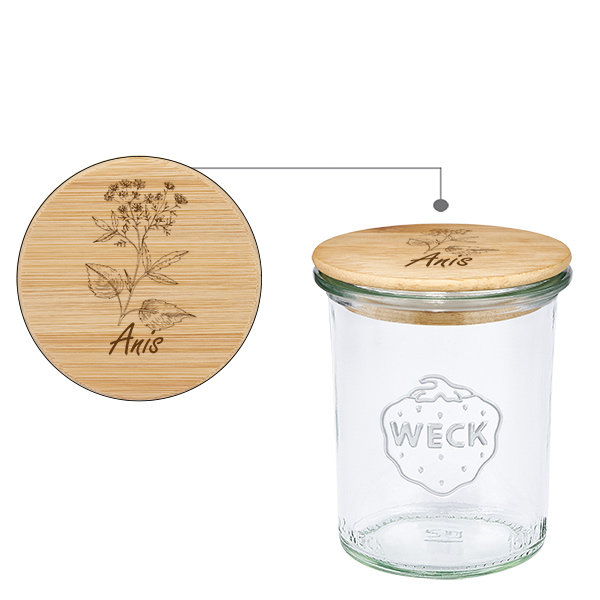 Drewniana pokrywka „Anyż” ze szklaną pokrywką WECK 160 ml Drewniana pokrywka „Anyż” ze szklaną pokrywką WECK 160 ml