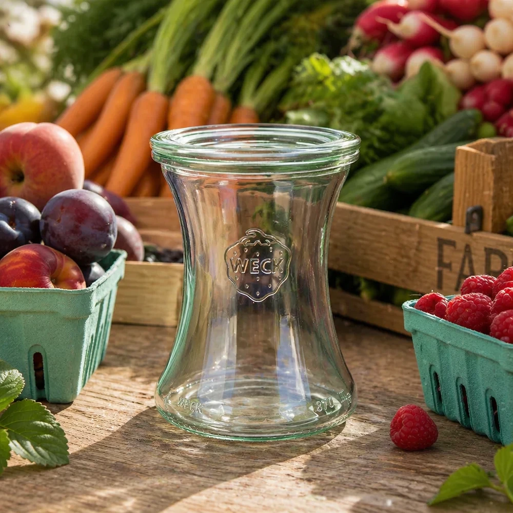 Słoik delikatesowy o pojemności 370 ml z szklaną pokrywką WECK RR80 Słoik delikatesowy WECK 370ml RR80 pusty na drewnianym stole między świeżymi owocami i warzywami, pokazuje naturalne użycie