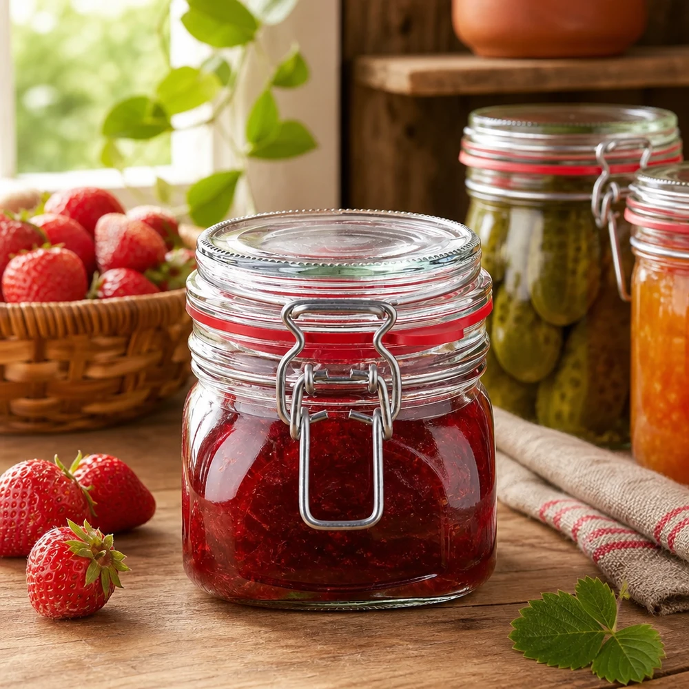 Słoik do przechowywania o pojemności 370 ml, typ G, z zamknięciem na zatrzask UN.. Szklany słoik do przechowywania 370 ml z uchylną pokrywką, idealny do dżemów i marmolady