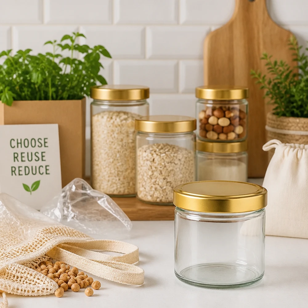 Słoik cylindryczny 230 ml ze złotą pokrywką w zrównoważonej kuchni bezodpadowej między słoikami do przechowywania a produktami ekologicznymi