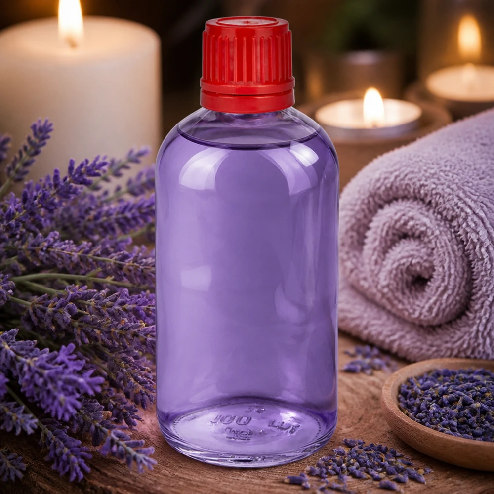 Fioletowa butelka ClearLine o pojemności 100 ml z czerwonym zamknięciem OV wśród świeżych kwiatów lawendy w spa