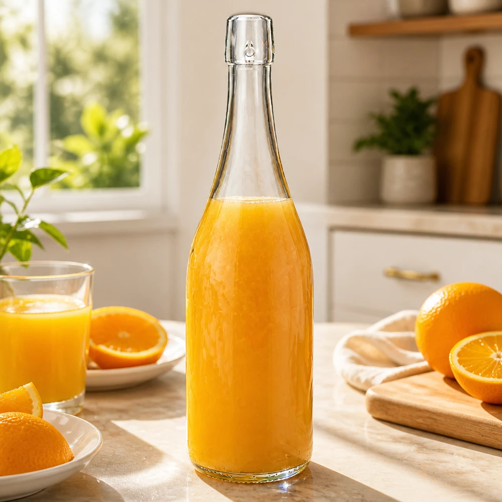 Butelka szklana 750 ml bez zamknięcia typu UNiTWIST 750ml szklana butelka UNiTWIST wypełniona świeżym sokiem pomarańczowym lekka kuchnia śniadanie witamina C zdrowe odżywianie