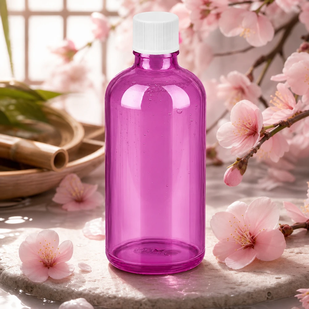 Elegancka fioletowa szklana butelka 100 ml z białą zakrętką na wysokiej jakości produkty kosmetyczne