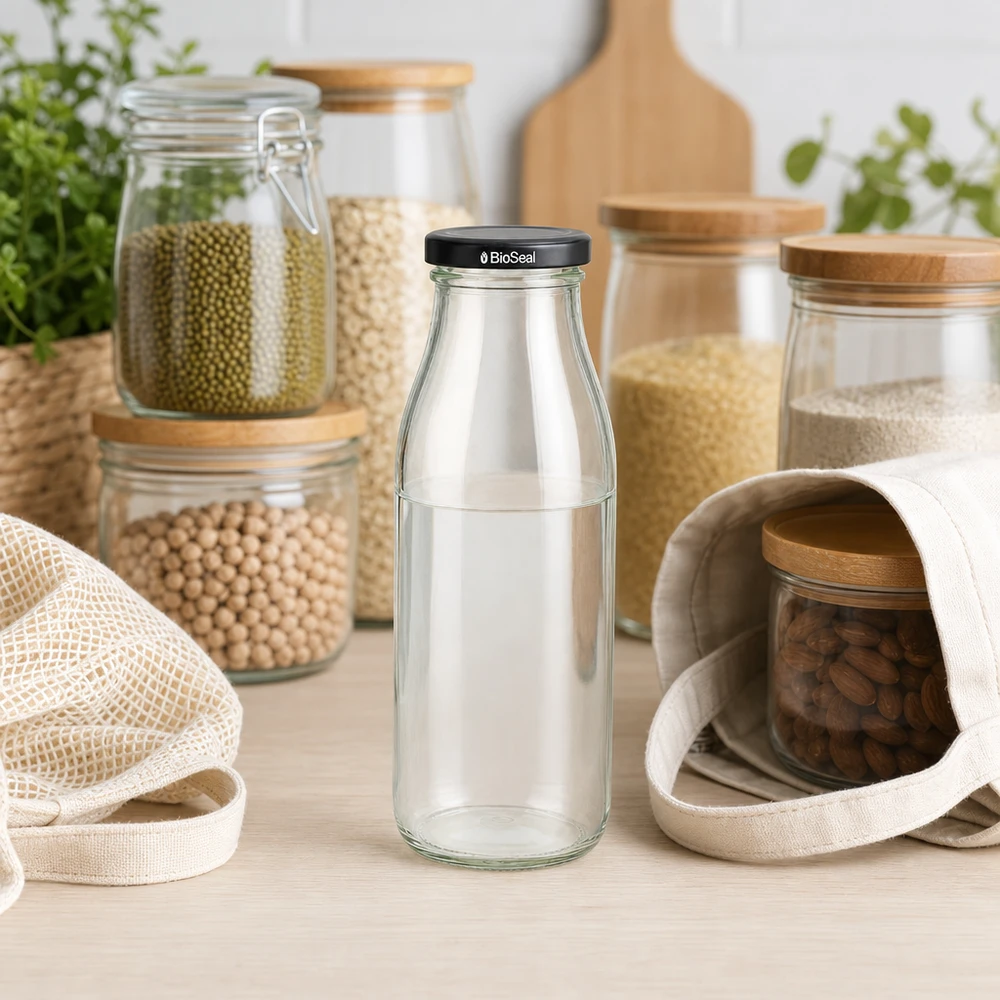 Szklana butelka 500 ml z czarną pokrywką BioSeal w zrównoważonym środowisku kuchennym ze słoikami do przechowywania i workami jutowymi